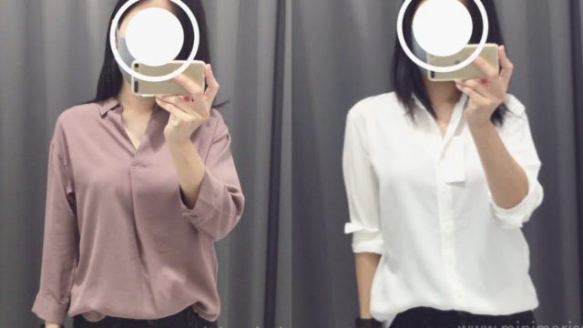 ユニクロレーヨン七分丈スキッパーブラウスと長袖シャツの着画