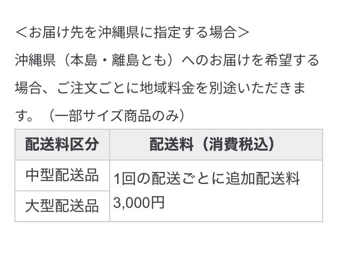 無印良品公式サイトで中型または大型配送品を購入して沖縄県に届けると追加配送料がかかる